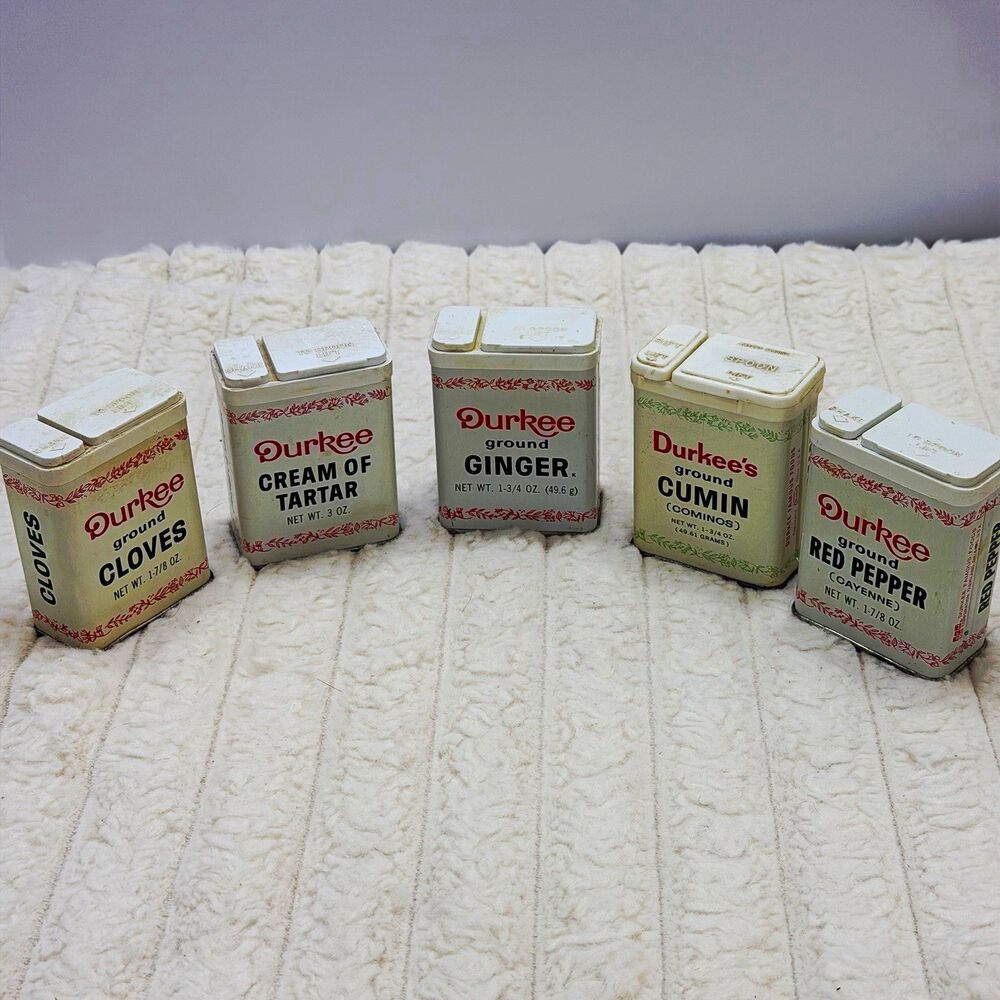 Durkee Vintage Spice Tin Lot of 5: Cream of Tartar, Ginger, Cumin, Cloves, etc